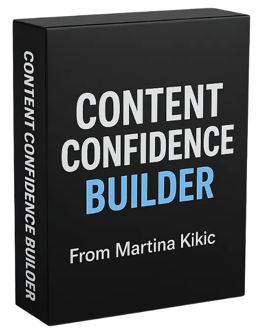 3D digital product box labeled “Content Confidence Builder From Martina Kikic” in bold white and blue text. Part of the LinkedIn Launchpad OS, this resource supports consistent LinkedIn posting and boosts confidence in your LinkedIn content strategy.