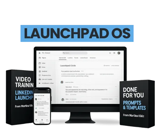 Mockup of the LinkedIn Launchpad OS digital product showing a desktop screen with a dashboard, a smartphone with LinkedIn posts, and two boxes labeled "Video Training" and "Done For You Prompts & Templates." Visual represents the online LinkedIn training platform and ready-to-use LinkedIn templates included in the system.