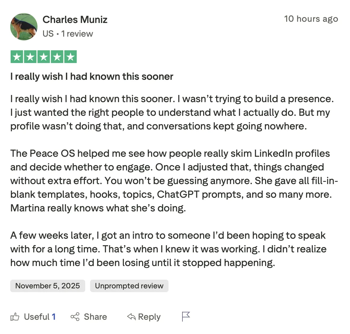 Detailed Trustpilot review praising a LinkedIn personal branding program for helping users stand out by posting with clarity and confidence. The reviewer says it's ideal for CEOs, founders, and professionals who want to build lasting reputations.
