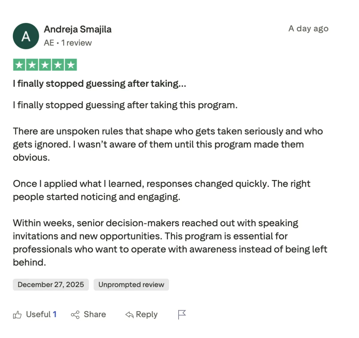 Testimonial from a happy user praising a LinkedIn course for being easy to use and ready-made. He describes it as plug-and-play for LinkedIn, with everything already done, and says he looks forward to learning more.