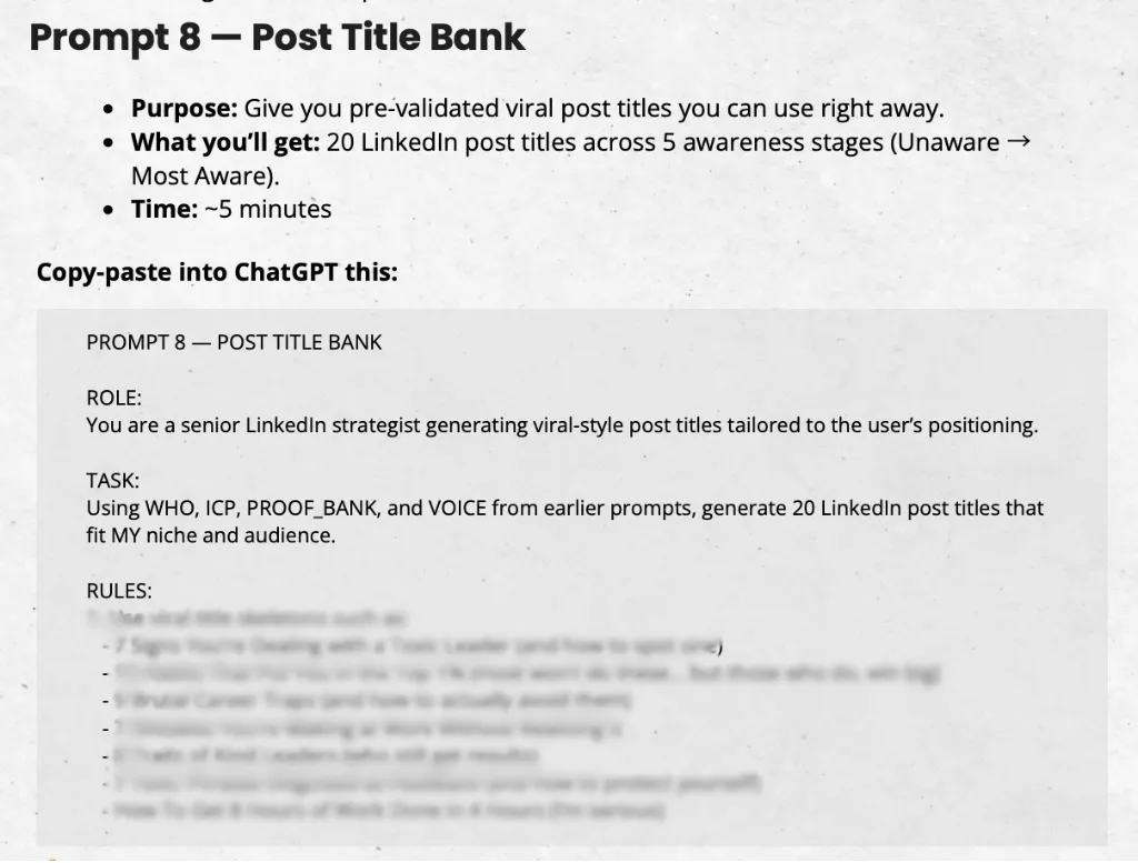 Martina Kikic on LinkedIn, founder of The Peace OS, and LinkedAI, LinkedIn strategist and advisor. This image shows a slide titled “Prompt 8 — Post Title Bank,” which guides professionals in generating 20 pre-validated LinkedIn post titles across five stages of audience awareness. Designed for job seekers, content creators, and executives, the framework uses inputs like WHO, ICP, and VOICE to produce viral-style, niche-specific LinkedIn content. It includes clear formatting, title skeletons, and writing rules, helping users craft high-performing personal brand content that builds visibility.