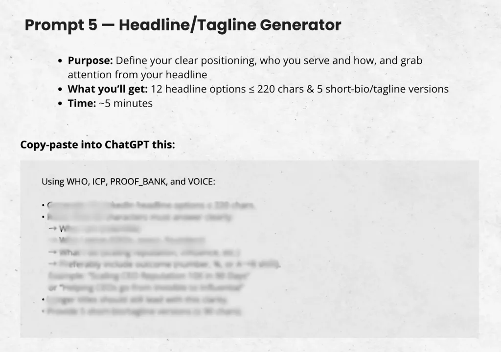 Martina Kikic on LinkedIn, founder of The Peace OS, and LinkedAI, LinkedIn strategist and advisor. The slide is titled “Prompt 5 — Headline/Tagline Generator” and offers a framework to create LinkedIn headlines that are prestige-driven and authority-based. It outlines a process using key variables like WHO, ICP, and PROOF_BANK to generate powerful 220-character headlines that communicate value instantly. This tool helps executives and job seekers clarify their positioning and make their profiles recruiter-friendly and impact-driven.