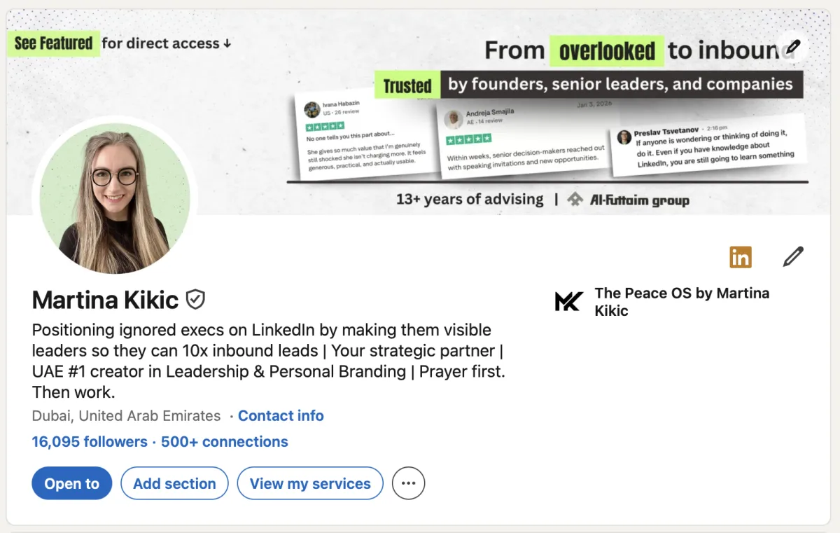 LinkedIn profile banner for Martina Kikic, featuring bold text that reads “Build a personal brand that opens doors” and “Because people trust people not ChatGPT clones.” Includes a professional headshot and messaging focused on AI communication, personal branding, and remote leadership, ideal as a LinkedIn background or headline example for those seeking LinkedIn support or remote work visibility.