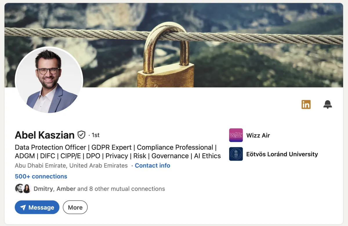 Before: Generic LinkedIn headline for a senior Data Protection Officer listing certifications and keywords — "Data Protection Officer | GDPR Expert | Compliance Professional | ADGM | DIFC | CIPP/E | DPO | Privacy | Risk | Governance | AI Ethics." Example of a vanilla executive LinkedIn profile that underuses the professional's actual seniority and expertise.