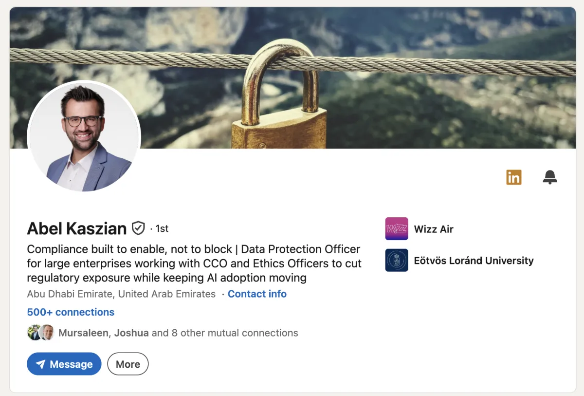 After: LinkedIn profile rewrite example for a senior Data Protection Officer in the UAE. Rewritten headline reads "Compliance built to enable, not to block | Data Protection Officer for large enterprises working with CCO and Ethics Officers to cut regulatory exposure while keeping AI adoption moving." Example of a professional executive LinkedIn headline rewrite generated by the Profile De-Vanillaizer system.