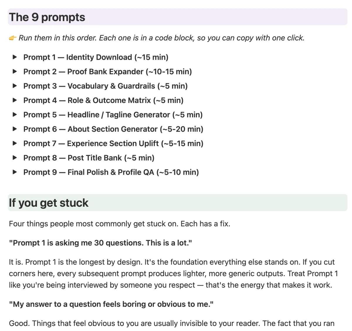 Preview of The Anti-Vanilla System inside the Notion delivery page, showing the 9 sequenced ChatGPT prompts for senior professionals: Identity Download, Proof Bank Expander, Vocabulary and Guardrails, Role and Outcome Matrix, Headline Generator, About Section Generator, Experience Section Uplift, Post Title Bank, and Final Profile QA — the complete LinkedIn personal branding system delivered after purchase.