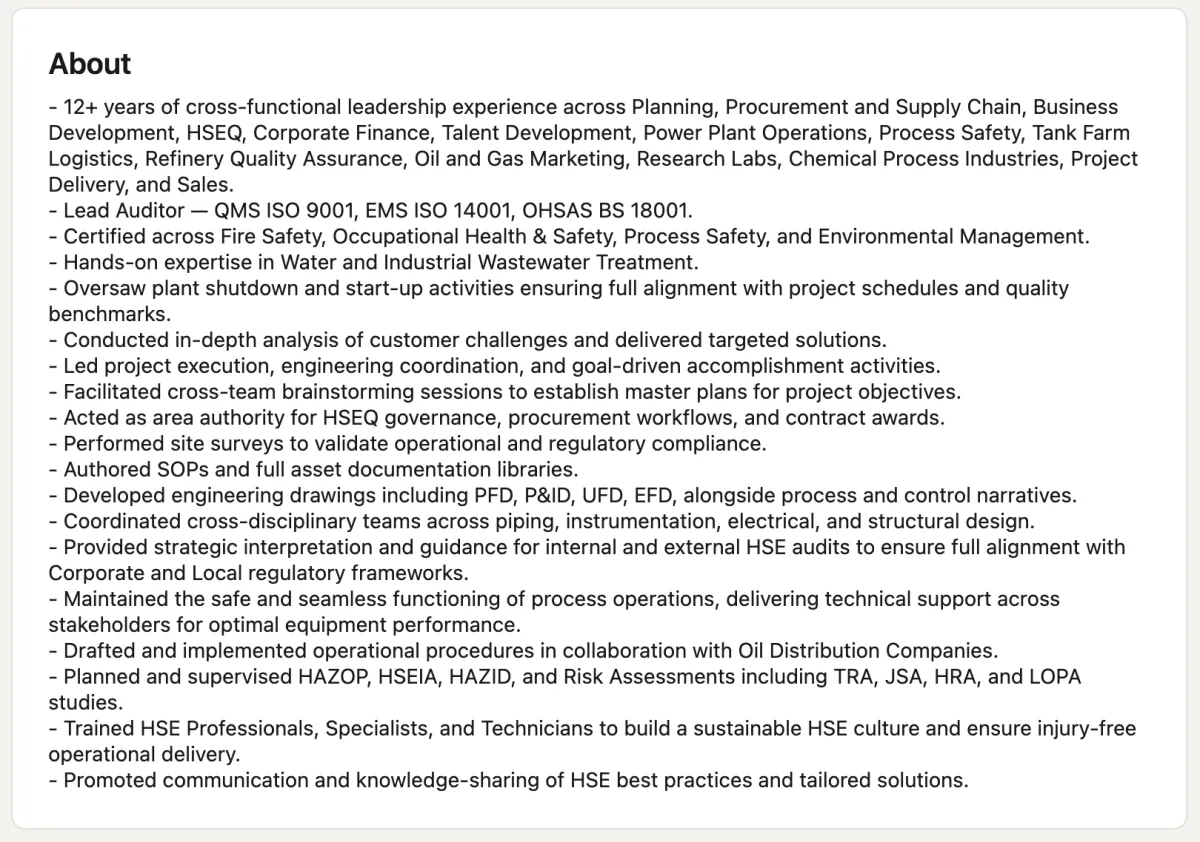 Vanilla LinkedIn About section example before rewriting — a long bulleted credential dump listing certifications, ISO standards, HAZOP, HSEIA, HAZID, and technical responsibilities, showing why most senior executive LinkedIn profiles fail to attract the right readers.