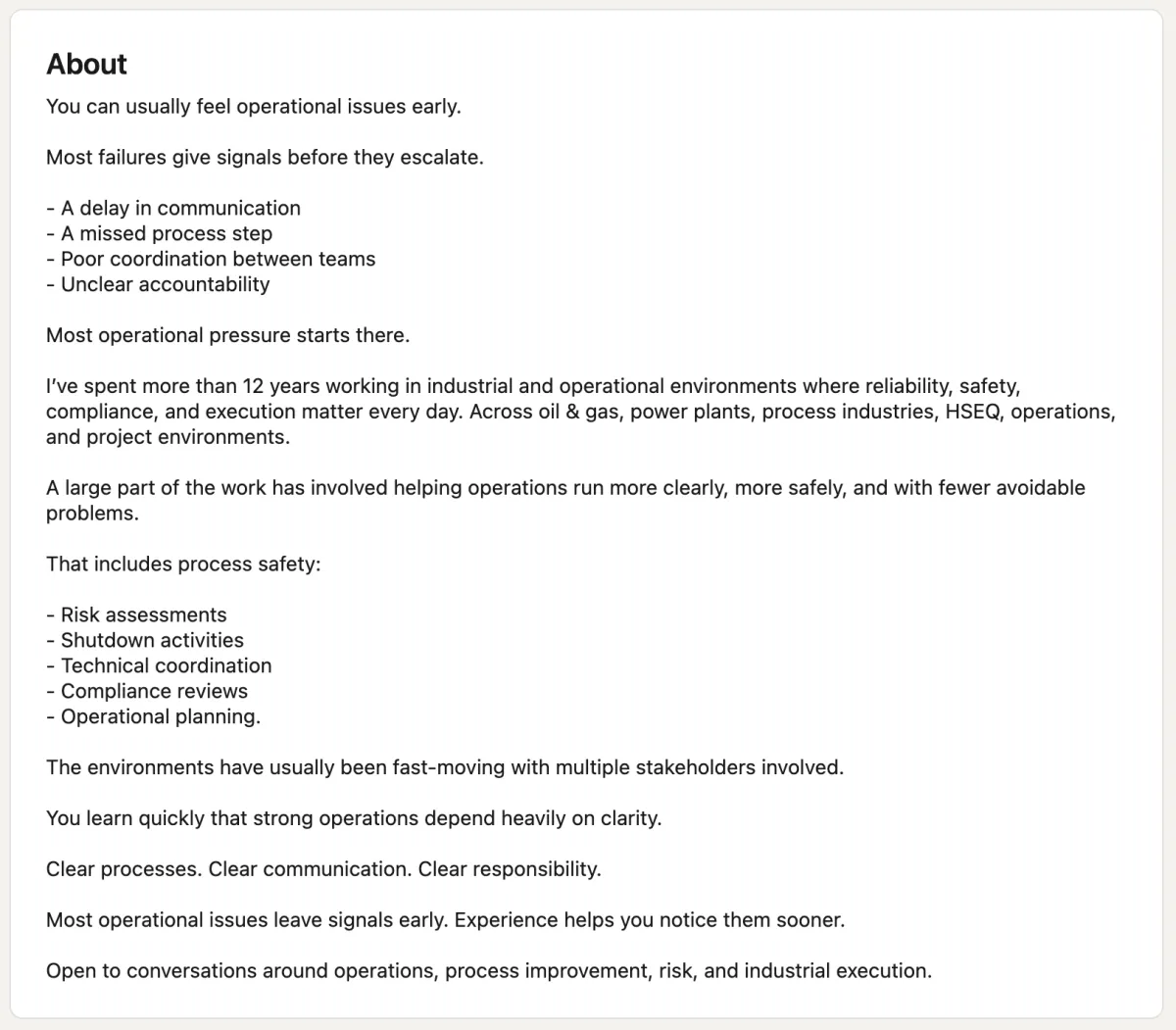 LinkedIn About section rewrite example for senior executives, after using the Profile De-Vanillaizer — rewritten version opens with a clear hook, names the reader's pain, and demonstrates 12+ years of operations and process safety leadership in oil and gas, power plants, and process industries.