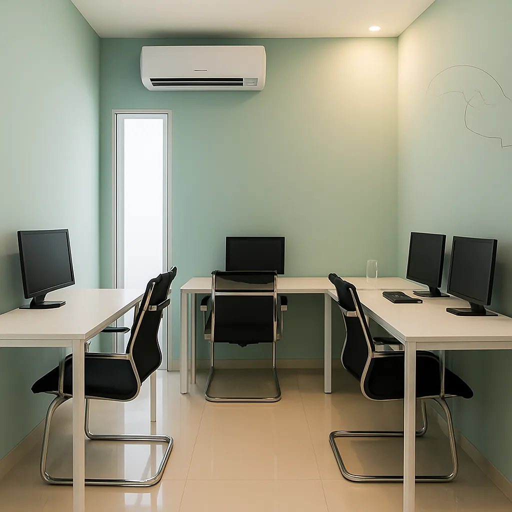 Modern private office with minimalist design, ergonomic black chairs, white work desks, desktop computers, and pastel green walls in a professional coworking space.