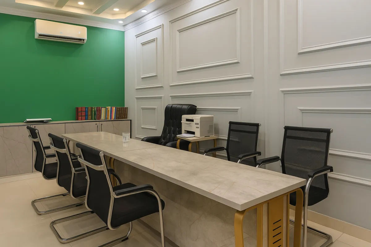 pacious meeting room with a large conference table, ergonomic chairs, LED screen, and modern coworking office design for team discussions.