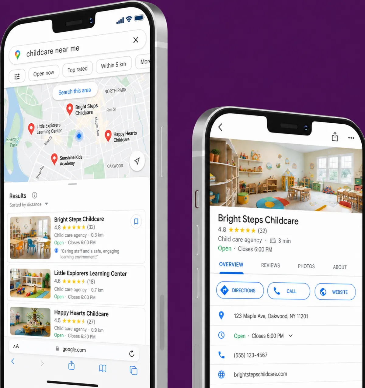 Google Maps childcare search results and childcare business profile shown on two smartphones