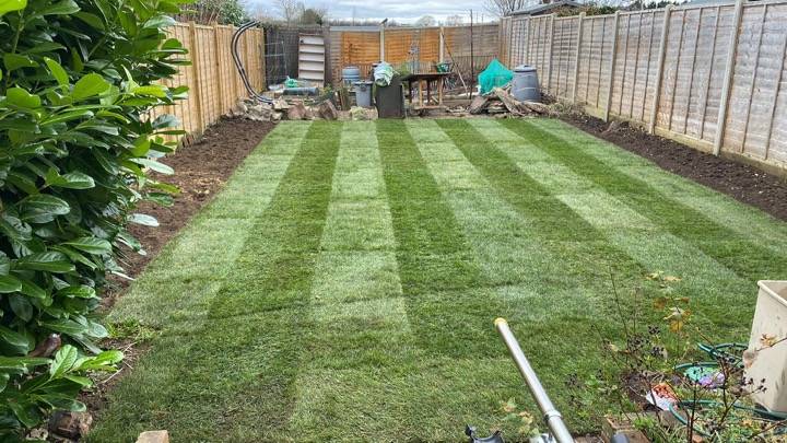 Freshly laid striped turf lawn — turf laying project in Reading, Berkshire