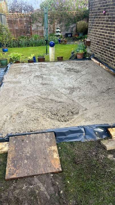 Concrete base preparation for patio installation — landscaping groundwork in Reading