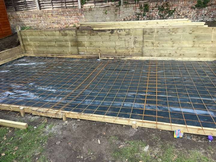 Rebar mesh and membrane laid for concrete base — landscaping groundwork preparation in Reading, Berkshire