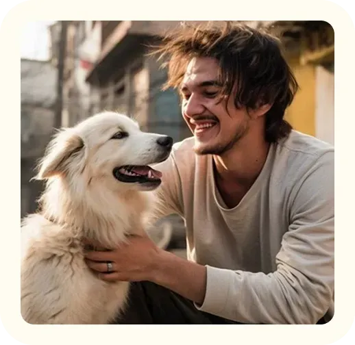 Smiling man gently petting a white dog outdoors, highlighting joyful connection, trust, and everyday pet companionship.