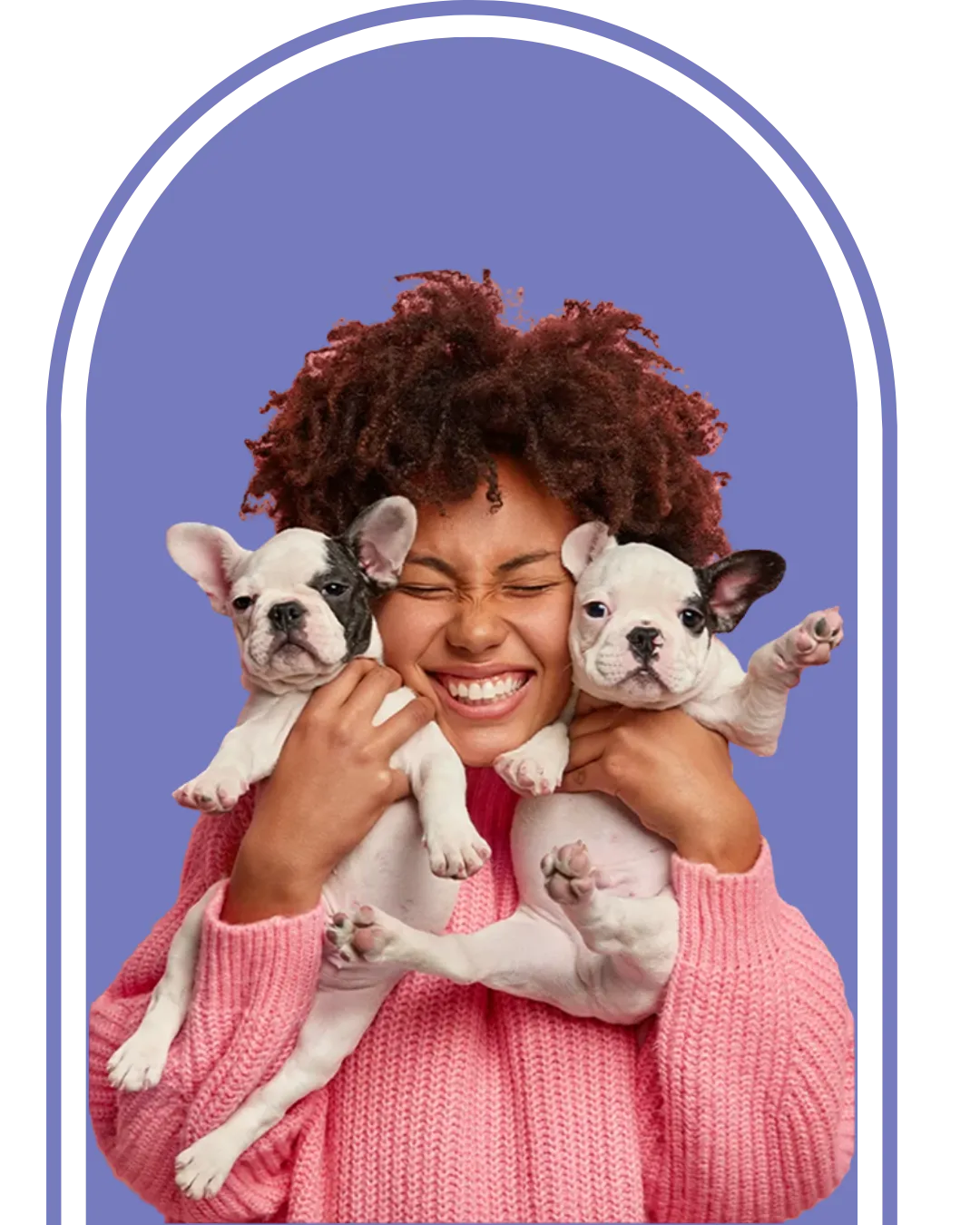 Smiling woman holding two French Bulldog puppies against a purple background, expressing joy, companionship, and pet love.