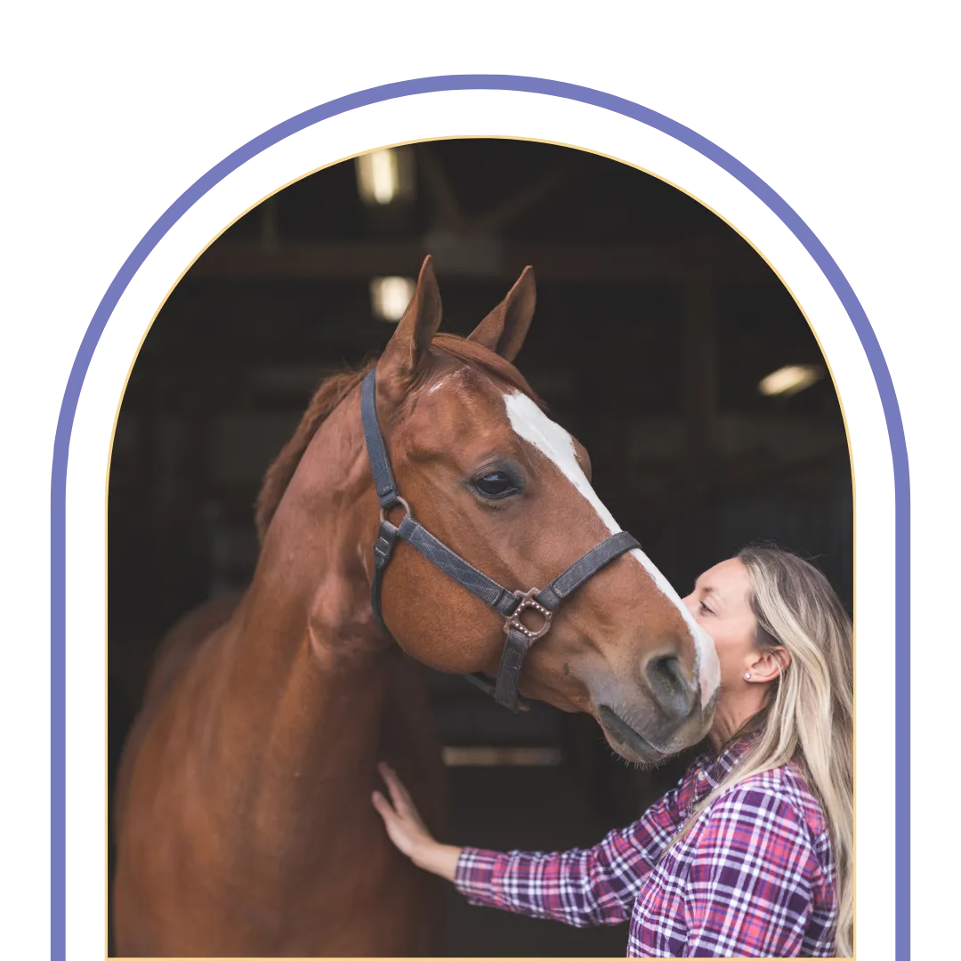 Woman gently bonding with a brown horse inside a stable, highlighting trust, companionship, and responsible equine care.