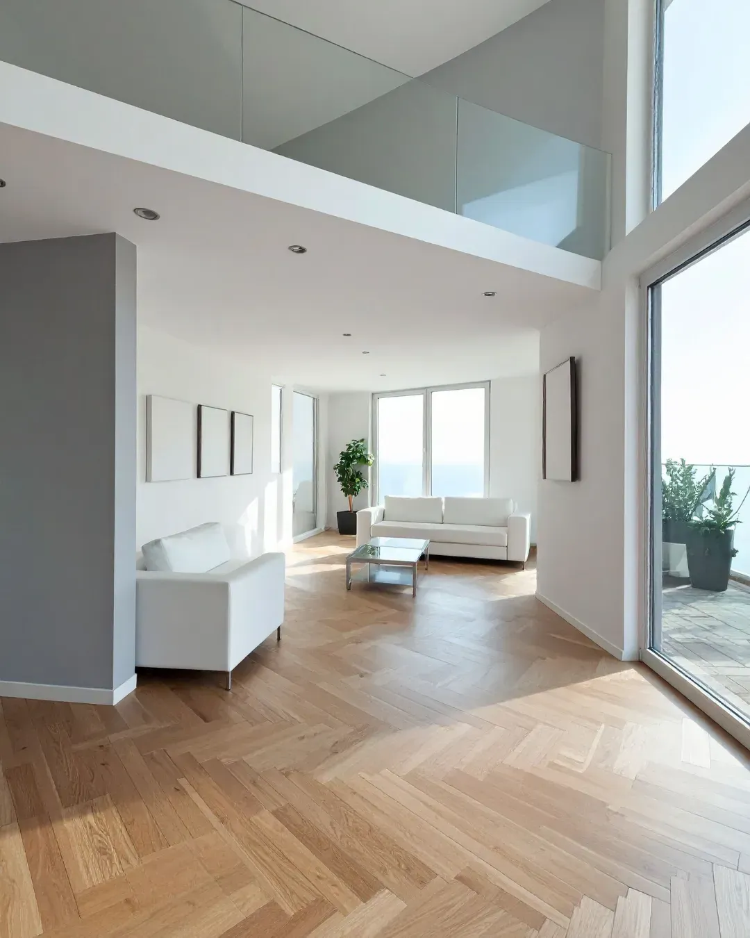 herringbone hardwood flooring installation in modern Southern California living room