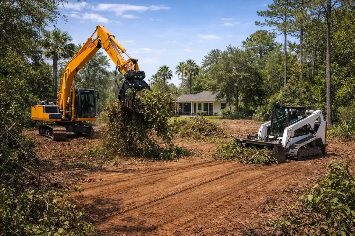 Professional invasive plant removal in Fort Myers residential yard – excavator grappling dense brush with skid steer on site