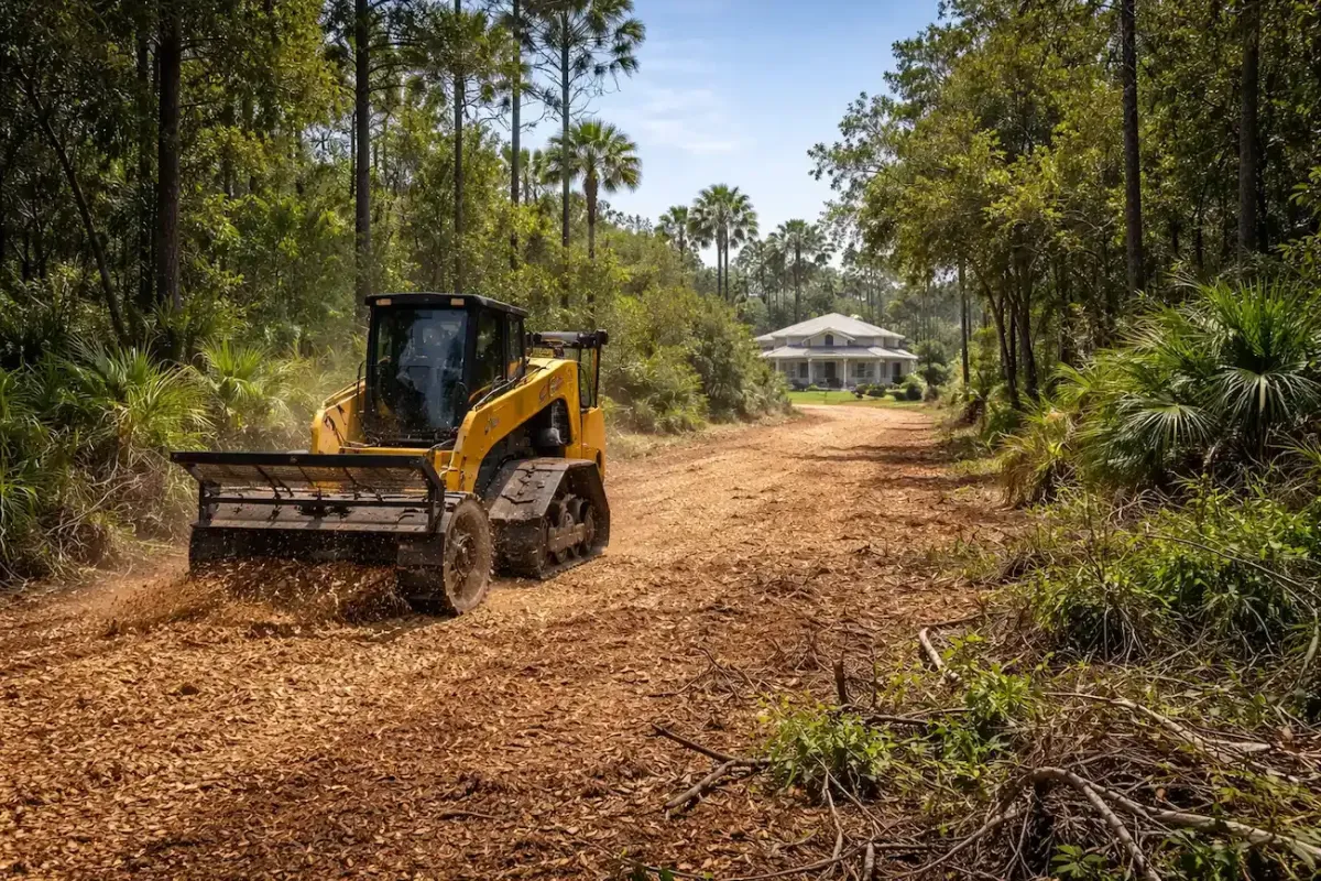 Professional right-of-way clearing in Fort Myers residential property – skid steer grading access path through wooded lot with palm and pine trees