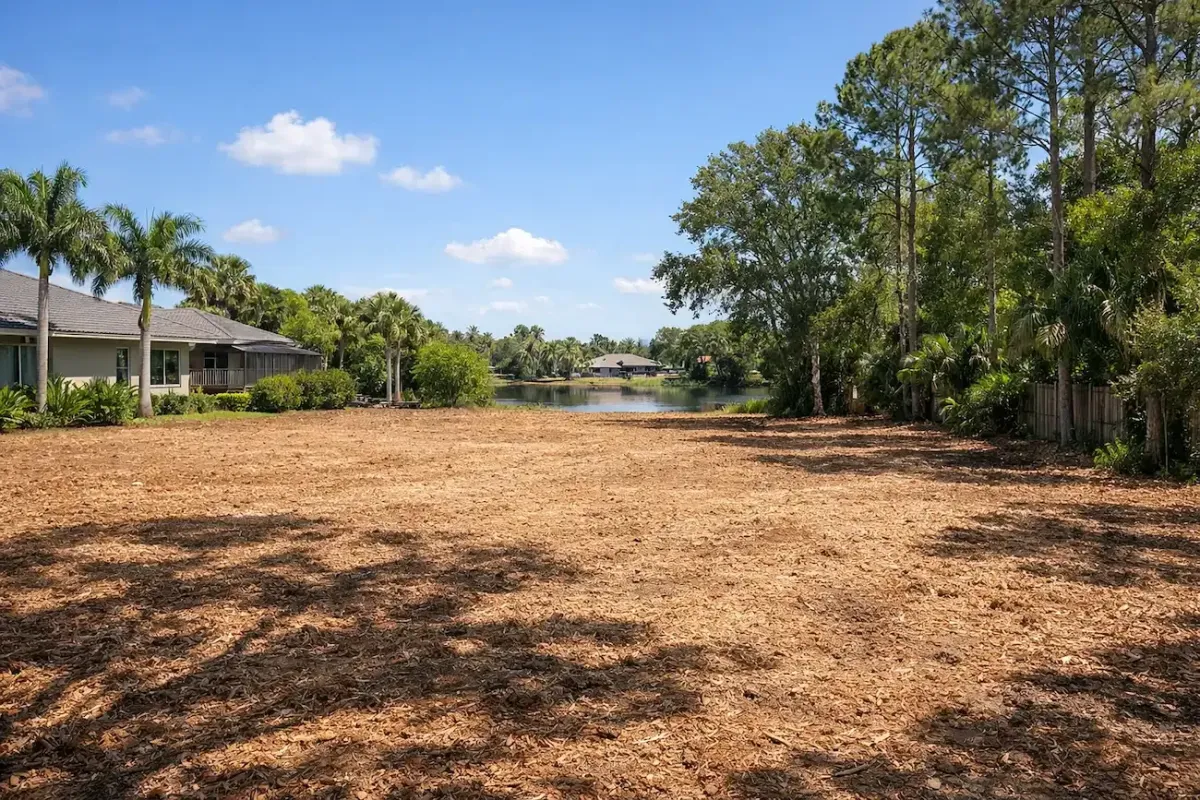 Completed residential land clearing in Fort Myers, Florida with freshly mulched lot, clean open property, and lakefront view under bright dayligh