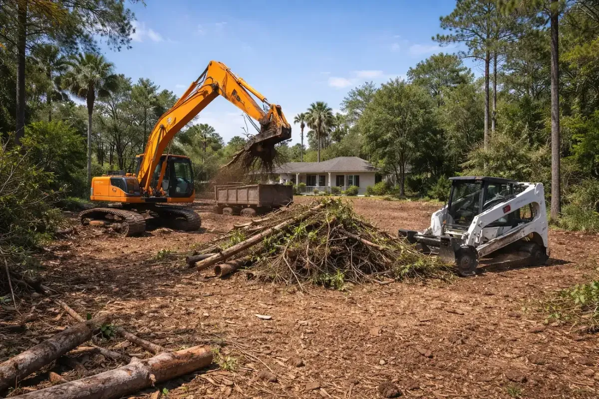 Professional lot clearing in Fort Myers with excavator and skid steer on wooded residential property, palm and pine trees