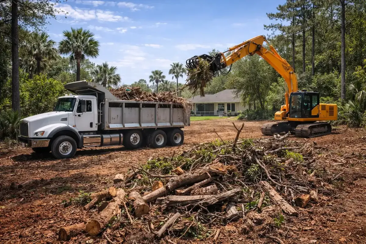 Professional hurricane debris removal in Fort Myers residential yard – excavator loading branches into dump truck after storm cleanup