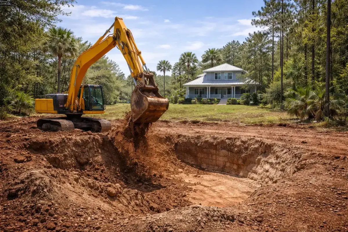 Professional excavation services in Fort Myers residential yard – excavator digging deep trench on wooded lot with palm and pine trees