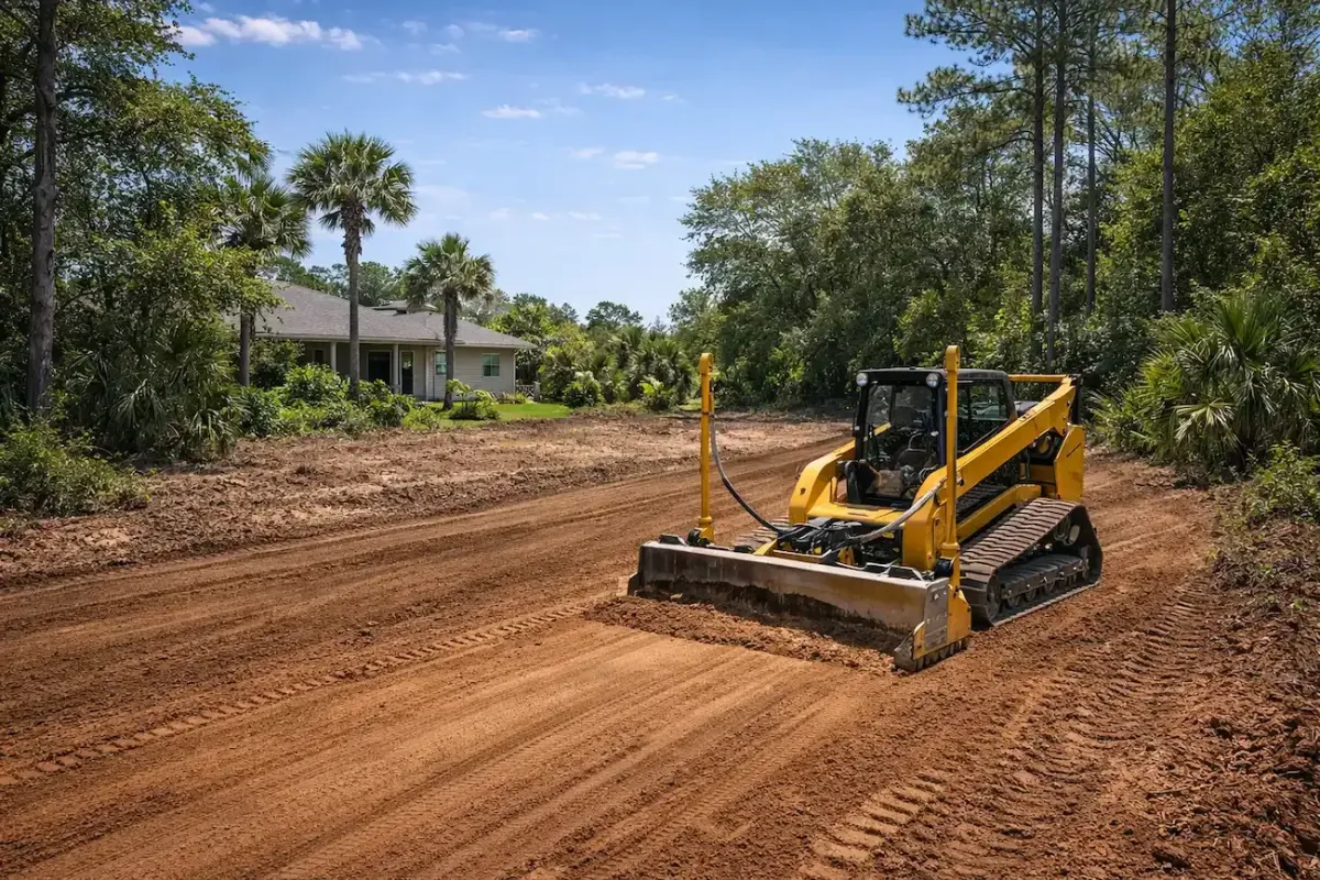 Professional land grading in Fort Myers residential yard – skid steer leveling soil on partially cleared wooded lot with palm trees