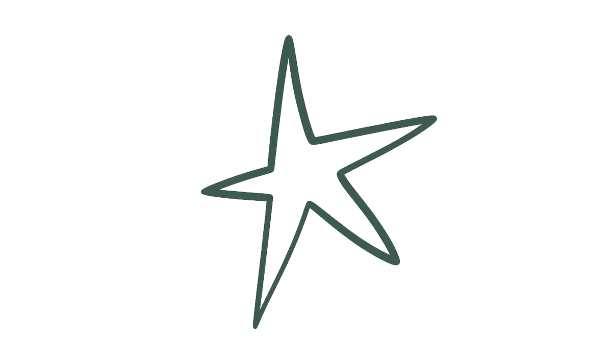 Dark green hand-drawn star outline, abstract decorative graphic.