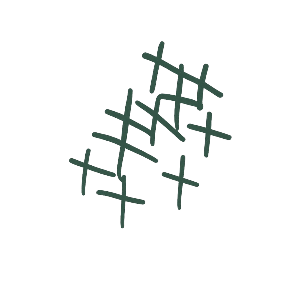 Cluster of overlapping hand-drawn plus-sign marks in dark green, sketch-style decoration.