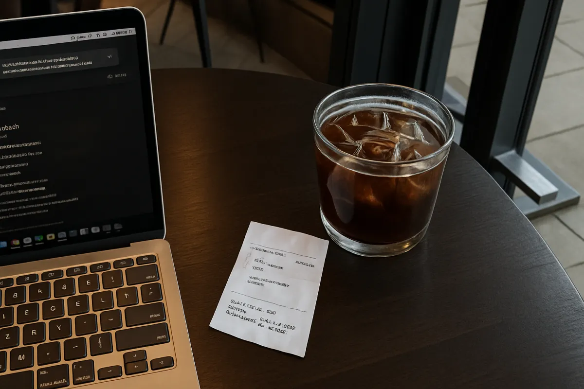 Laptop on a café table beside an iced coffee and printed receipt, workspace setting.