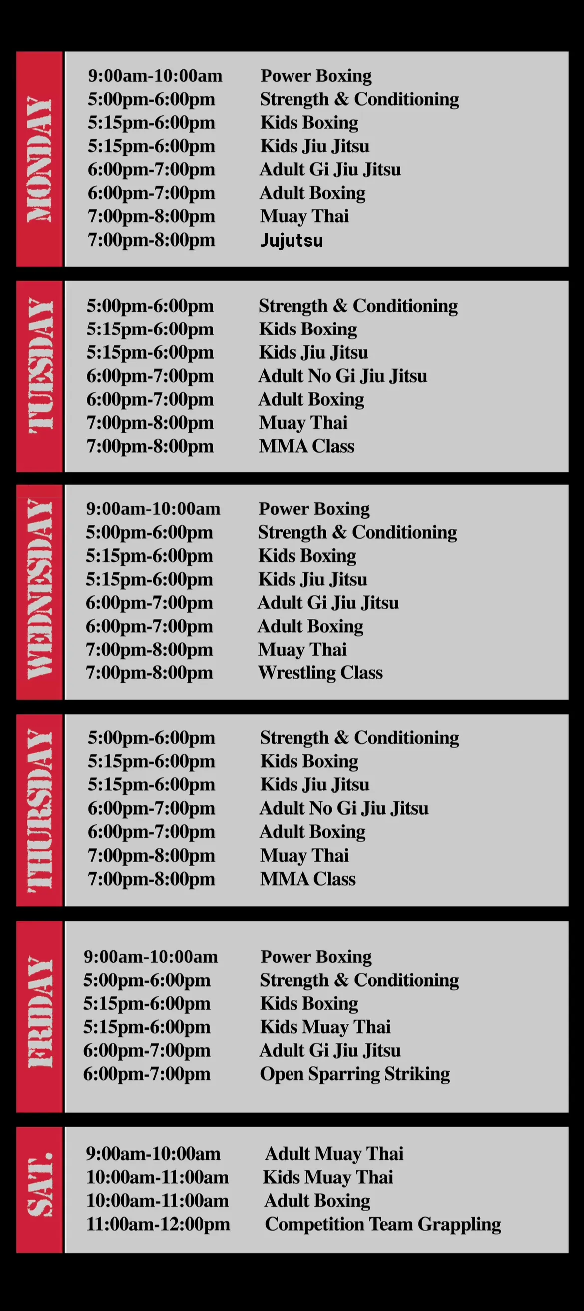 North County Compound weekly class schedule