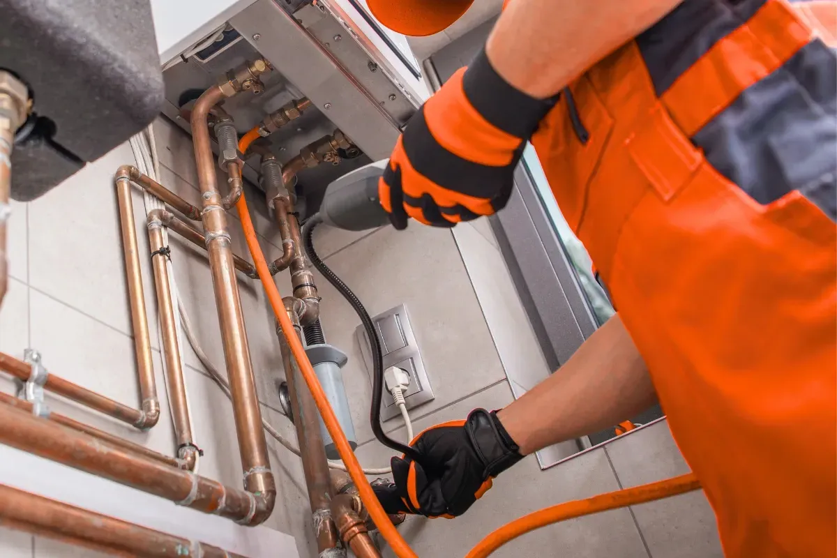 A plumbing technician is checking for a leak