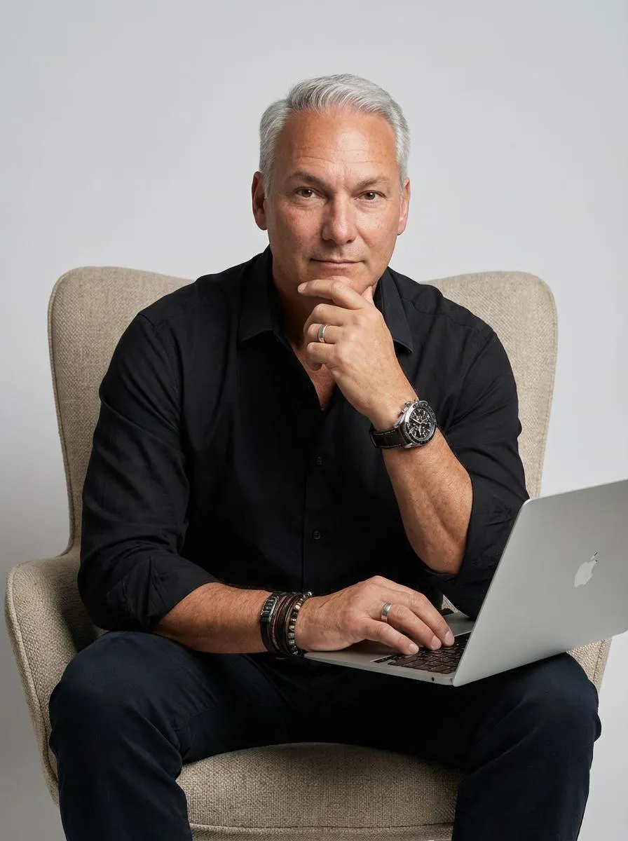 Earl Treptau seated with a laptop on his lap