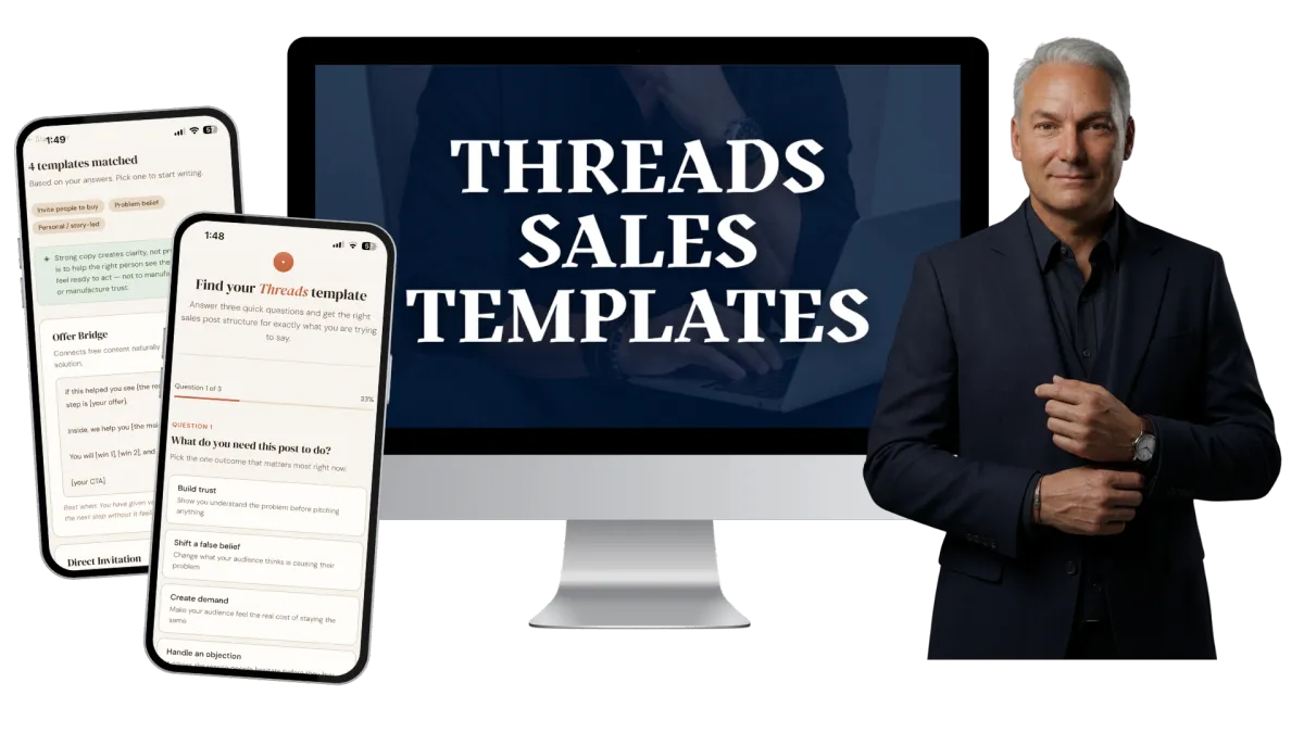 The Thread Whisperer shown on phones and a laptop with Threads sales templates