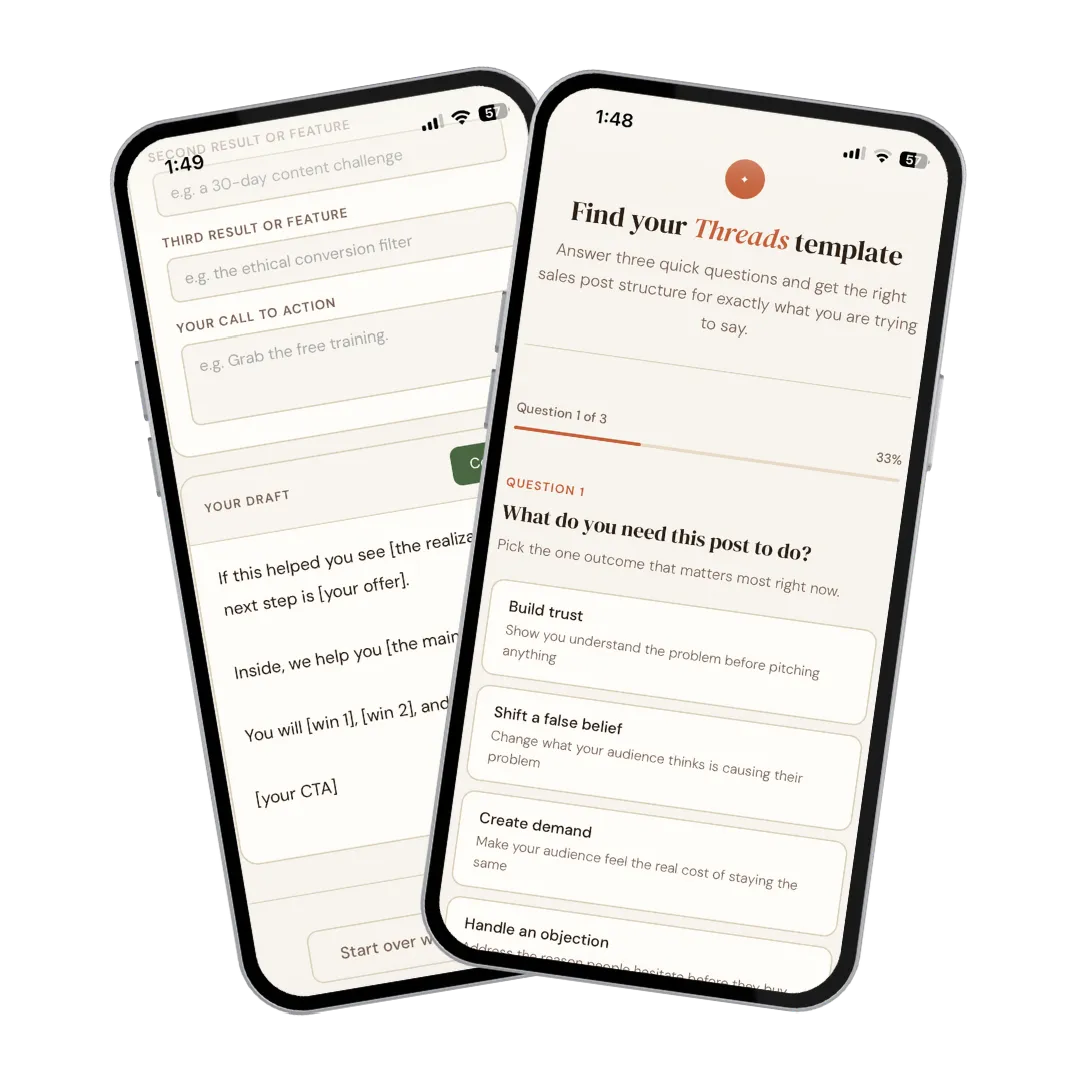Two phones showing The Thread Whisperer 3-question selector
