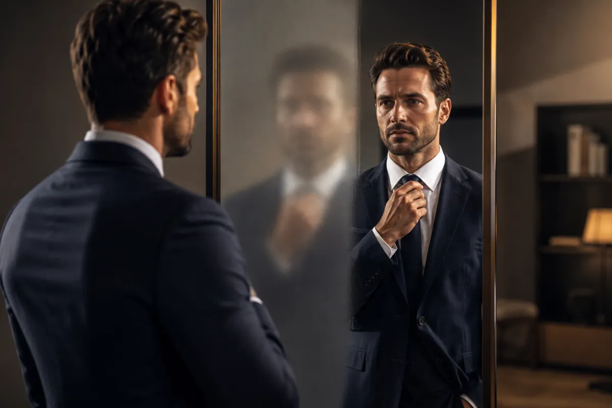 Confident sales professional adjusting a tie while standing before a mirror with a split reflection, showing one side blurred and the other crystal clear, symbolizing improved focus, clarity, productivity, and time management in sales.