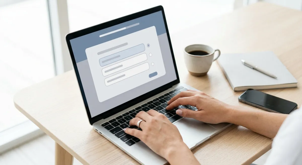 A close-up, overhead view of a person's hands typing on a laptop keyboard at a minimalist wooden desk. The screen displays a clean, modern online survey interface with a progress bar and multiple-choice options. A cup of coffee, a notebook, and a smartphone rest neatly nearby in bright, natural daylight.