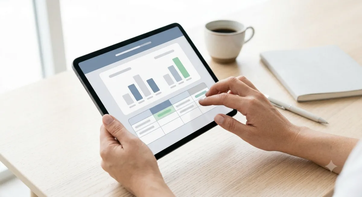 A close-up view of a person’s hands interacting with a business data dashboard on a modern tablet, which displays gray and green bar charts and a scorecard grid. In the background of the minimalist wooden desk, there is a ceramic coffee cup and a closed notebook in bright, natural light.