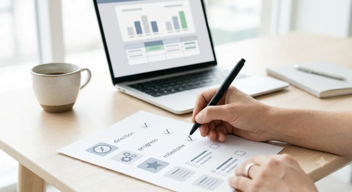 A close-up shot of a business professional's hands on a light wood desk, holding a black pen to check off a 'milestone' item on a printed strategic roadmap. The paper features icons for direction, progress, gears, and stars. In the background, a laptop is open displaying a data dashboard with graphs and a bar chart in gray and green tones. The scene includes a ceramic coffee mug and a notebook, illuminated by natural light in a minimalist home office or workspace.