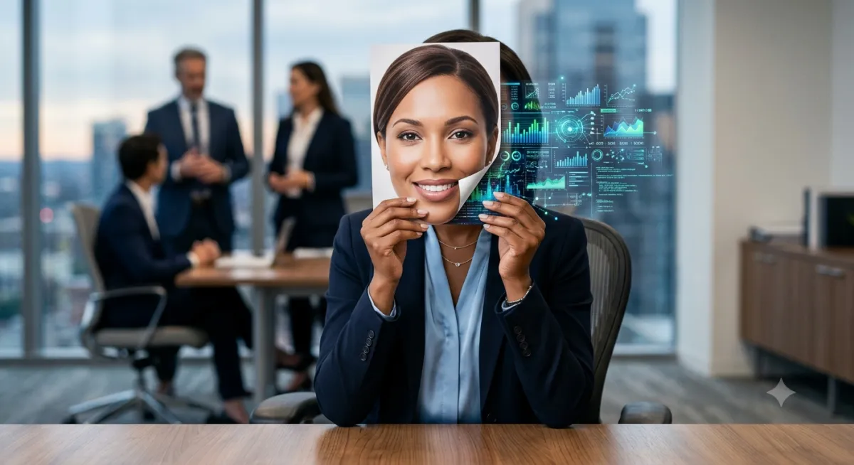 Corporate candidate in a business magazine style portrait holding a perfect human mask. A corner is peeling away to reveal intricate, glowing digital data visualization underneath