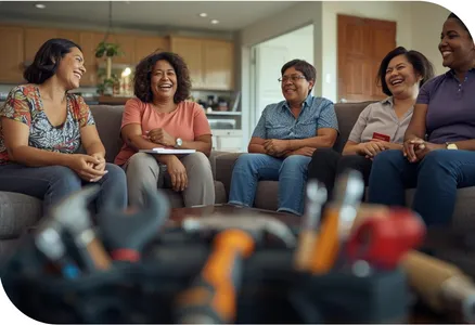 A small group of woman sitting I a living room. They are talking and laughing. Nearby is a tool belt.