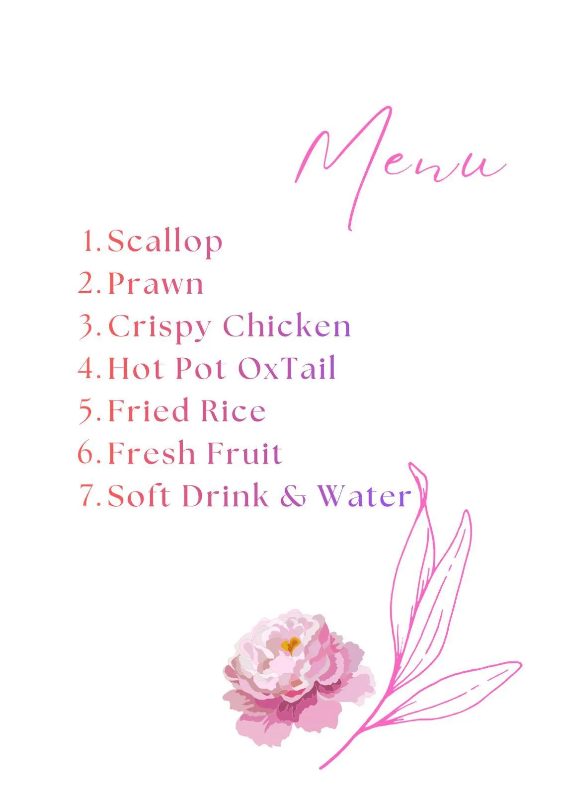An elegant event menu card displaying tonight's dinner selections