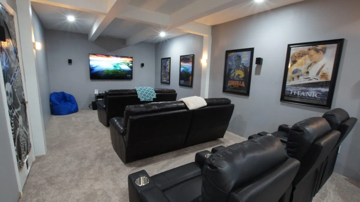 expert basement theater room painting with neutral gray tones in Woodstock GA