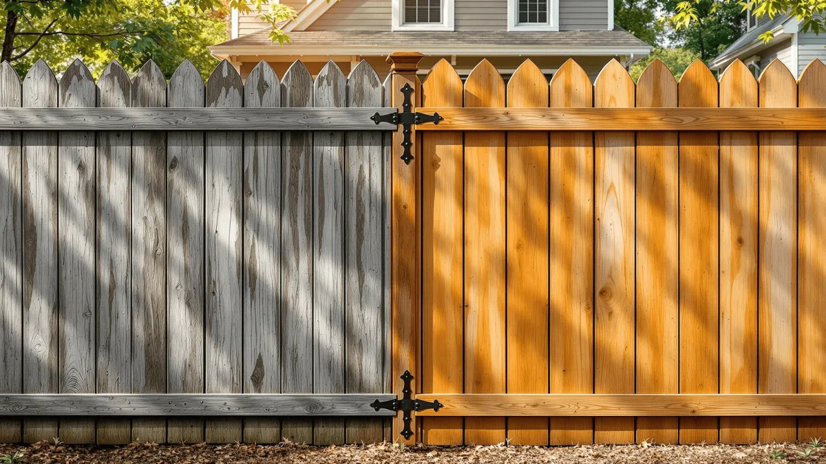 before and after wood fence staining and gate restoration by Earthly Matters