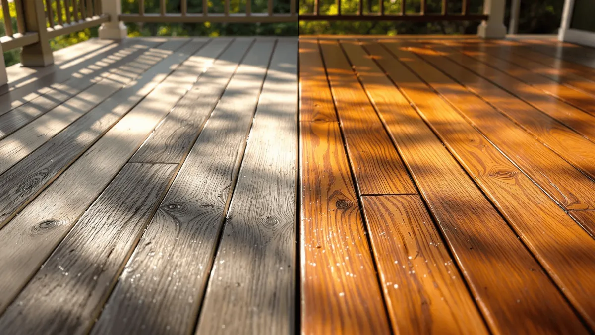 Side-by-side comparison of a deck, showing weathered gray wood restored to a rich, warm brown after professional staining.