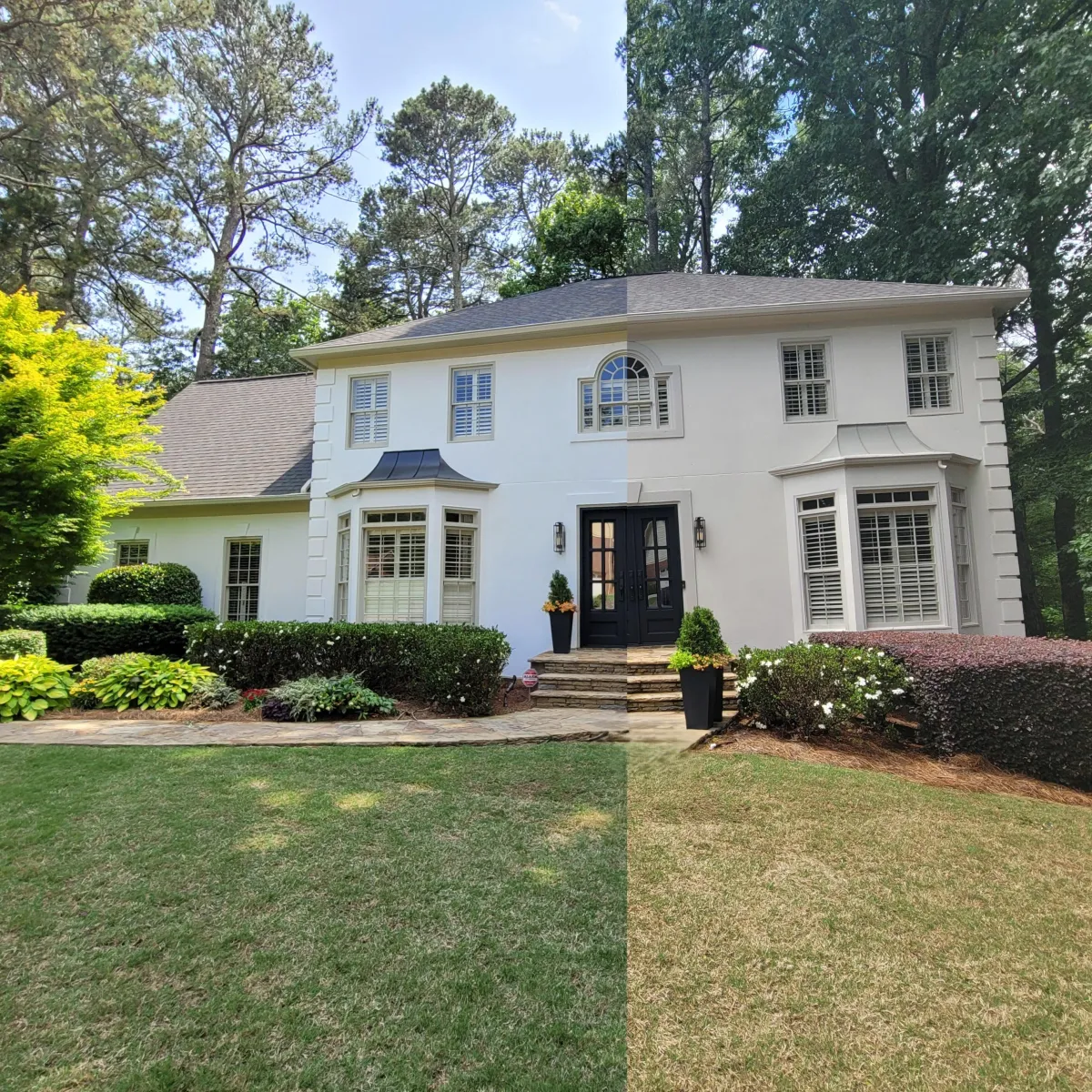professional white brick painting transformation on two-story home in Alpharetta GA