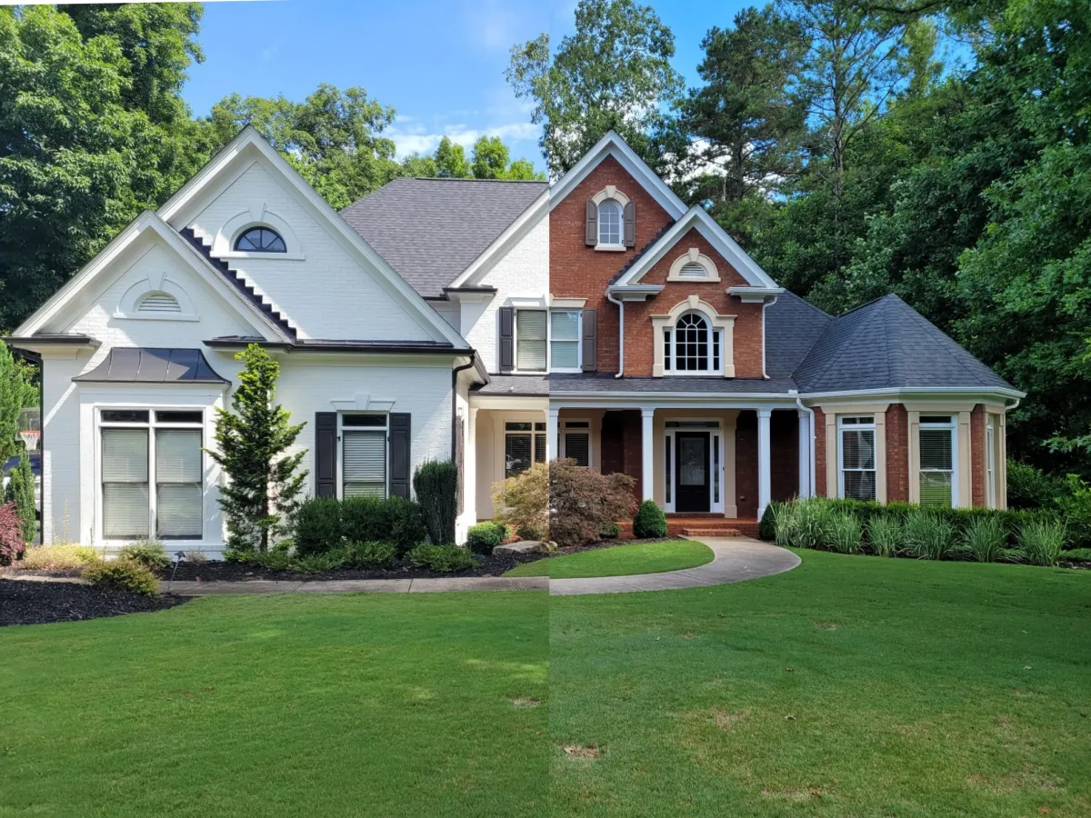 A beautiful brick home in North Atlanta showcasing a classic, mottled limewash finish with a timeless, rustic patina.