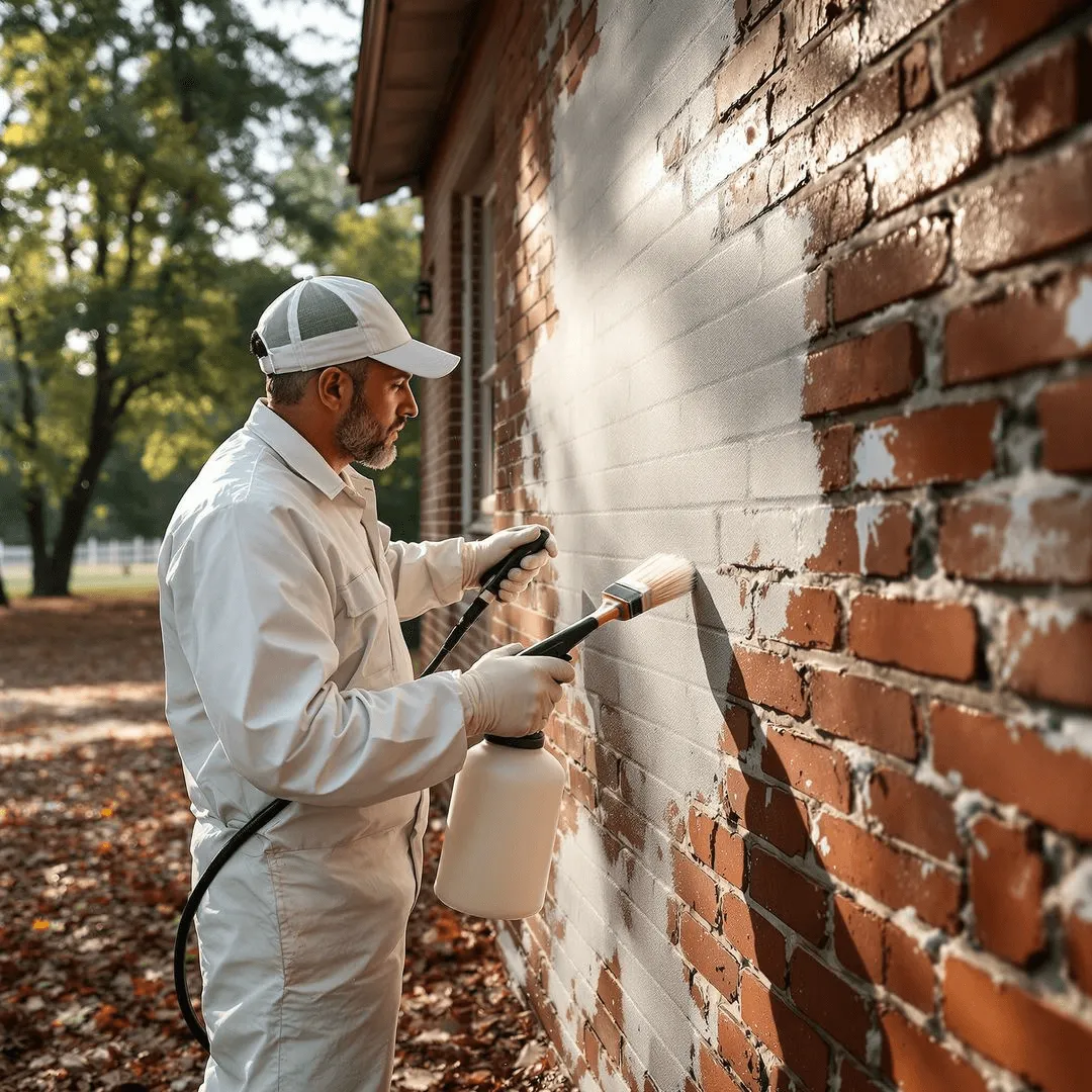 Earthly Matters technician lightly cleaning a brick wall in preparation for an authentic limewash application in Roswell.